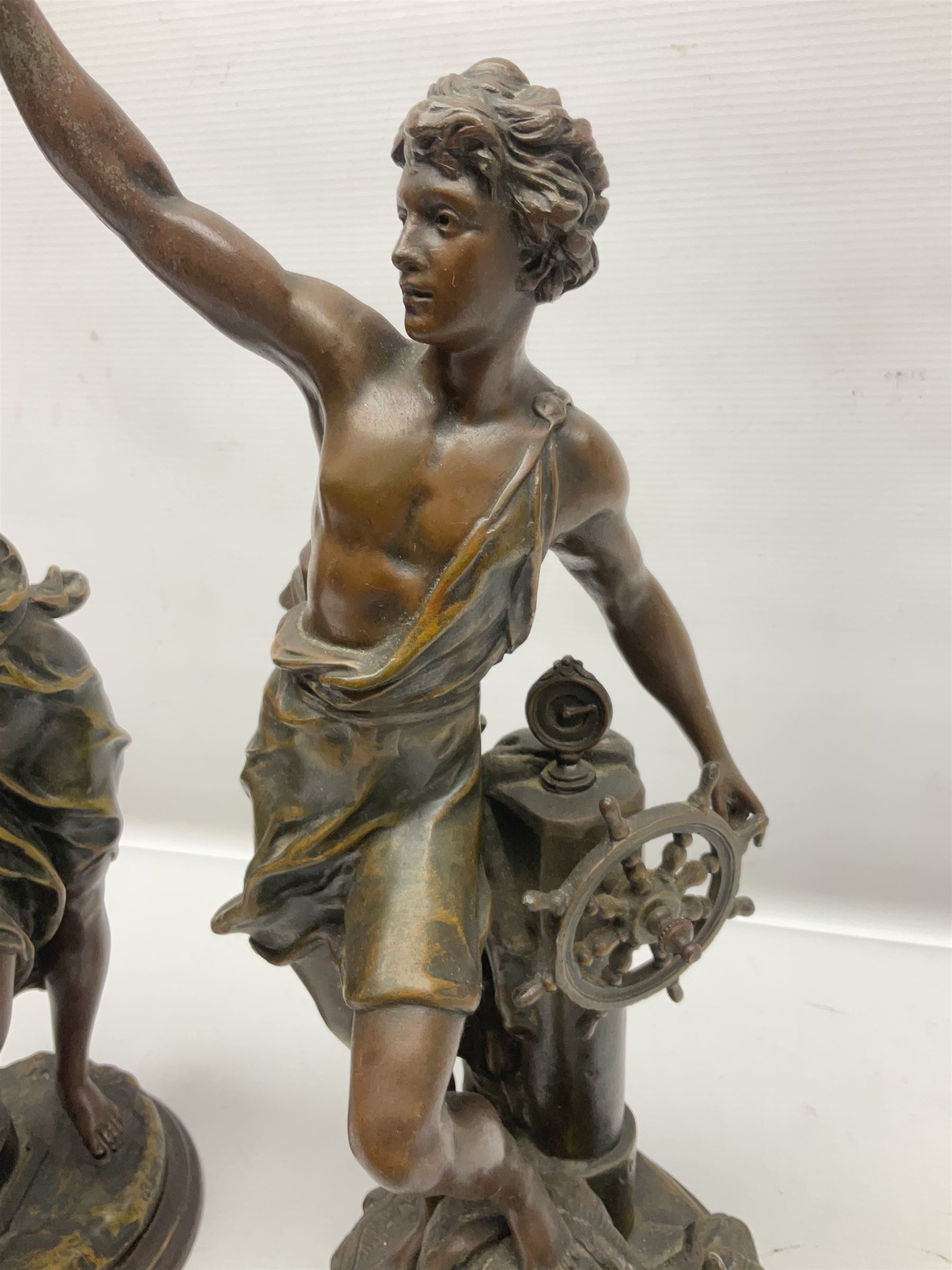 After Charles Octave Levy, pair of bronzed spelter figures, 'Industrie' and 'Commerce', upon stepped wooden plinth, H42cm