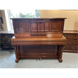 Bluthner of Leipzig - Early 20th century overstrung upright piano, serial number 79496 (1910), in a mahogany case with three front case panels and folding music desk, with 85 keys (seven octaves) underdamper action, original hammers, stringing, tuning pins, dampers and felts, with sostenuto and sustain pedals. Julius Bluthner was considered to be one of the the best makers of German upright pianos in the early 20th century both for tone quality and build. 

This item has been registered for sale under Section 10 of the APHA Ivory Act.