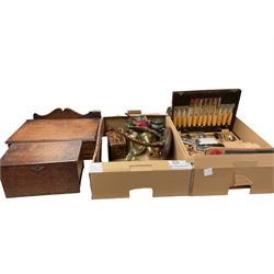 Oak writing box, together with another oak box, canteen of cutlery and other collectables 