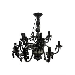 Two classical black glass fourteen branch chandeliers