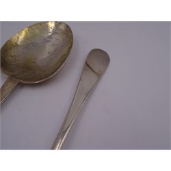 17th century silver trifid spoon, marks worn and indistinct, together with an Old English pattern silver spoon