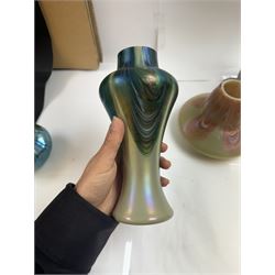 Three Austrian Art Nouveau iridescent glass vases by Rindskopf, all of varying form, each with pulled feather decoration to body, tallest H20.5cm