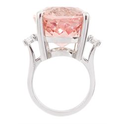 Platinum three stone large oval cut morganite and oval cut diamond ring, hallmarked, morganite 33.80 carat, total diamond weight 0.60 carat, with World Gemological Institute report