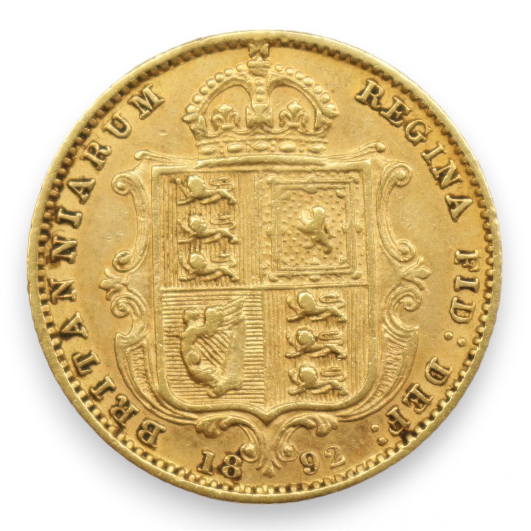 Queen Victoria 1892 gold half sovereign coin, shield back