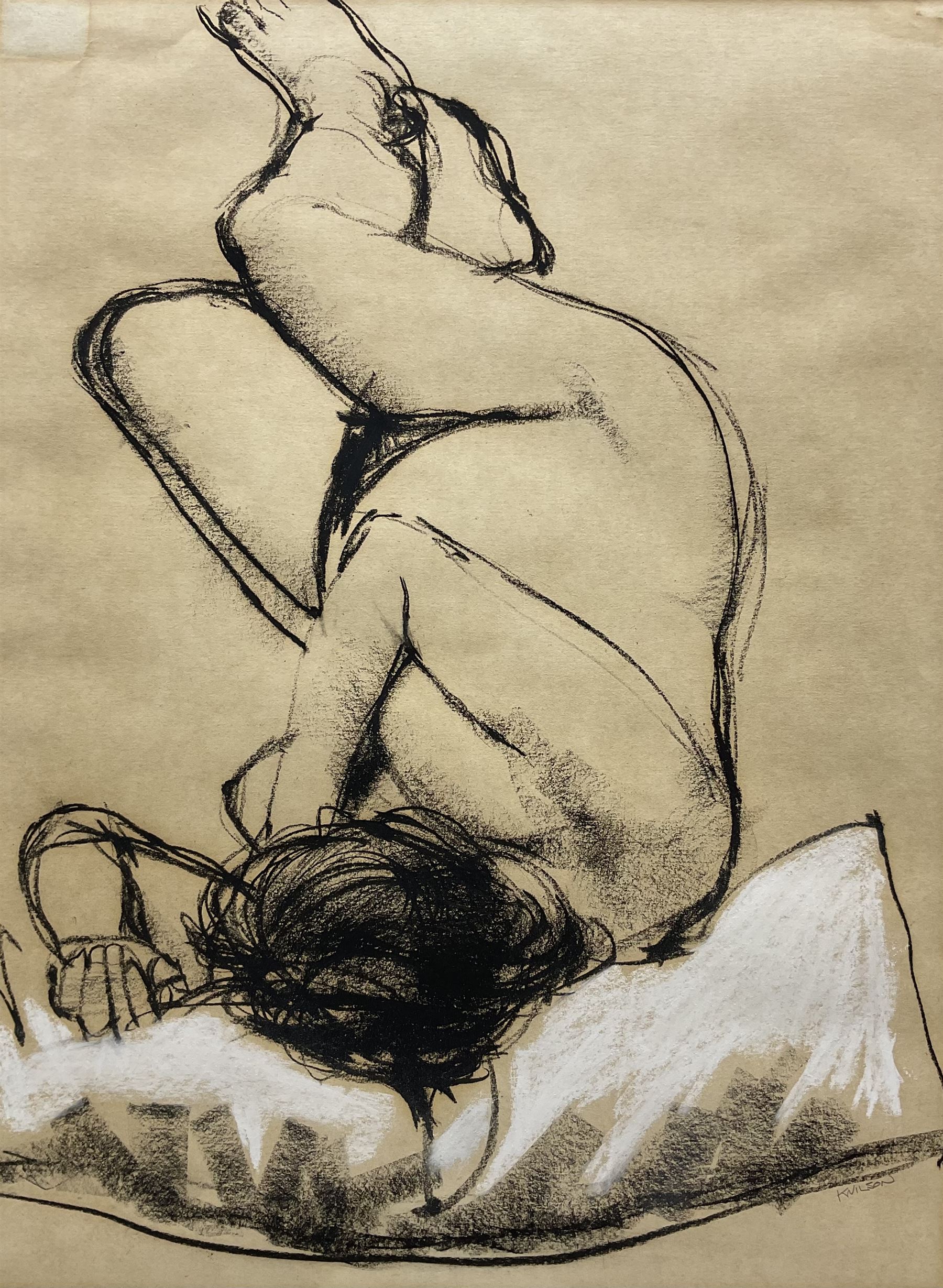 Kenneth Blues Wilson (Scottish 1946-): Nude Study of Sleeping Woman, charcoal heightened with white chalk signed 50cm x 38cm