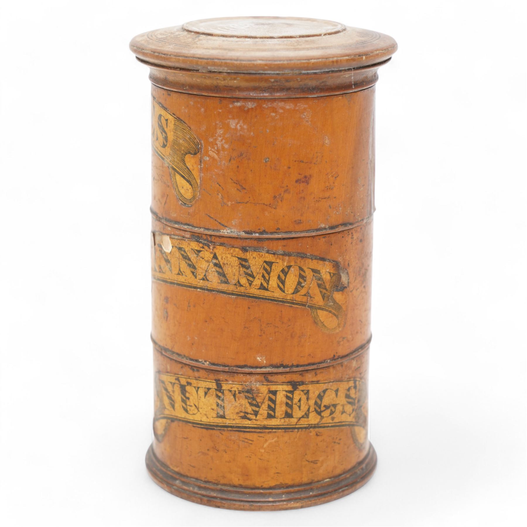 19th century treen three tier spice tower, the tiers labelled Cloves, Cinnamon and Nutmeg, screw down thread compartments, H14cm