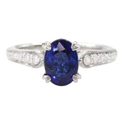 18ct white gold oval cut sapphire ring, with milgrain set round brilliant cut diamond shoulders, hallmarked, sapphire approx 0.80 carat, total diamond weight approx 0.40 carat