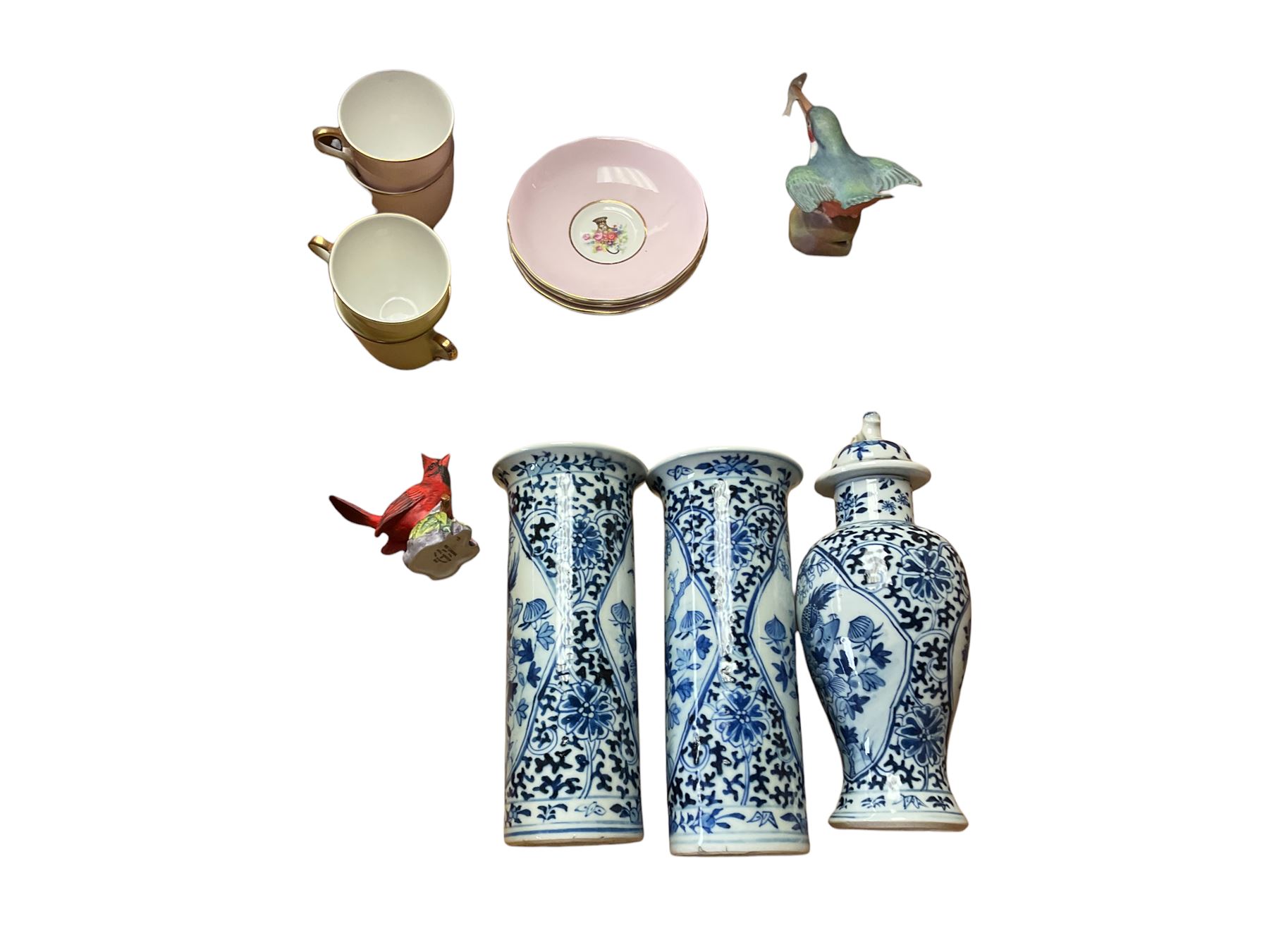 Pair of blue and white vases, together with matching vase and cover and other ceramics