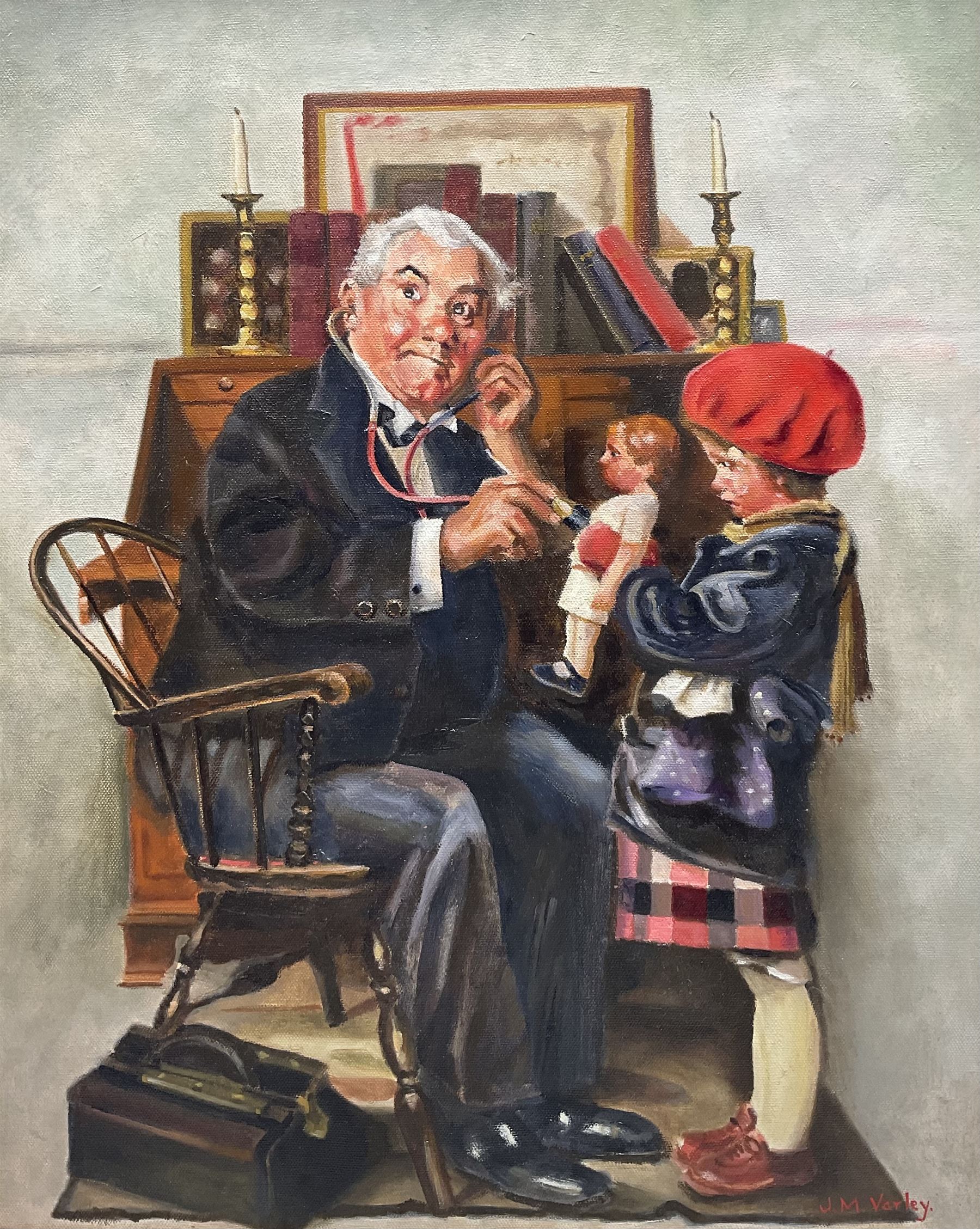 J M Varley (British 20th Century) after Norman Rockwell (American 1894-1978): 'How is she Doctor?', oil on canvas signed, titled and dated 1993 verso 50cm x 39cm 