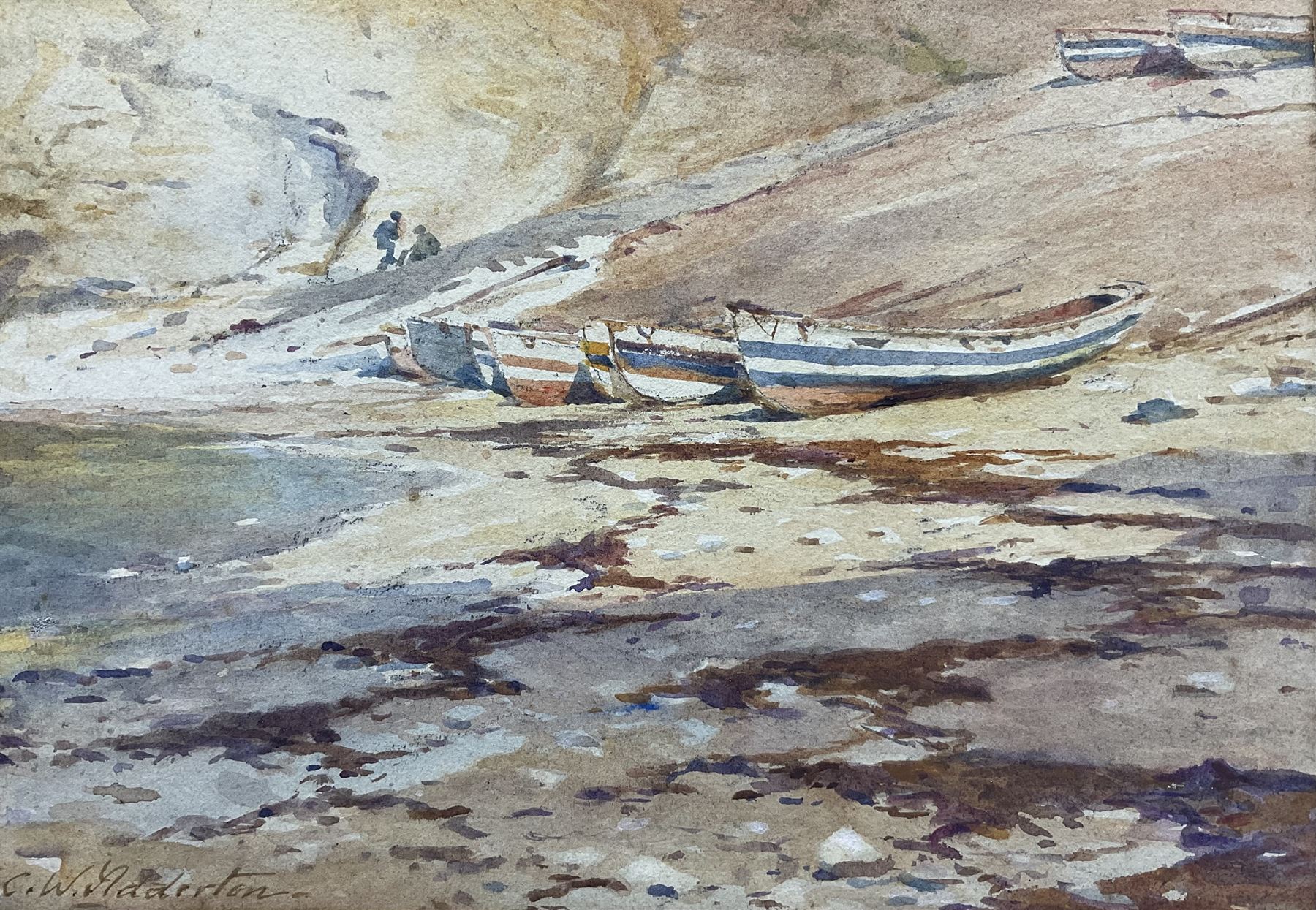 Charles William Adderton (British 1866-1944): 'Cobles on the South Landing Flamborough', watercolour signed 17cm x 24cm (unframed)
Provenance: direct from the family of the artist Harry Wanless 1872-1934, part of a collection never previously seen on the market
Notes: Adderton was a friend of the brothers Harry and Charles Wanless, all of whom studied under Albert Strange at the Scarborough School of Art School. Adderton had a studio at 55 Sandside, Scarborough between 1894 and 1901, he moved to Ockbrook Derby and later to Robin Hoods Bay where he was a member of the Fylingdales Group of Artists