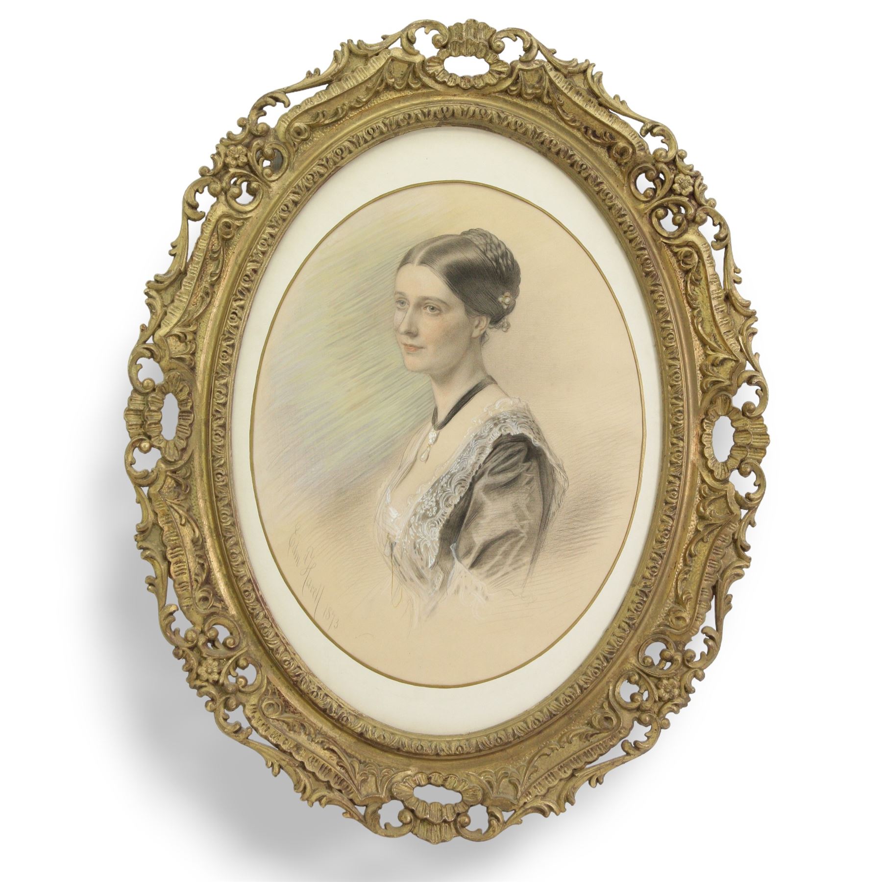 Edmund Havell (British 1785-1864): Portrait of a Victorian Lady, pencil sketch heighted with white signed and dated 1873, in ornate oval gilt frame aperture 56cm x 43cm overall 90cm x 71cm 