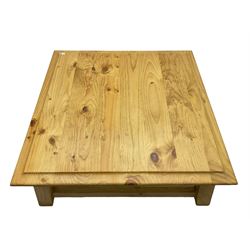 Pine coffee table, moulded top square top raised on splayed supports united by box stretchers 