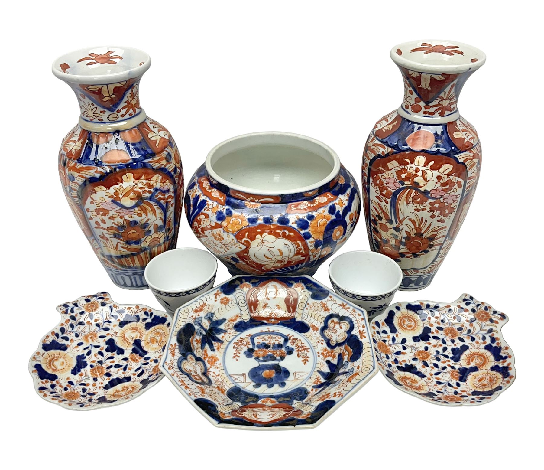 Pair of Japanese Imari vases with floral decoration, together with two Imari shell dishes etc, vases H24cm