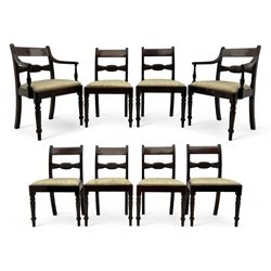 Georgian design set of six (6+2) mahogany dining chairs, the bar cresting rail inlaid with figured mahogany panel, shaped twist lobe carved middle rail with extending stylised leaf decoration, upholstered drop-in seat, on turned front supports 