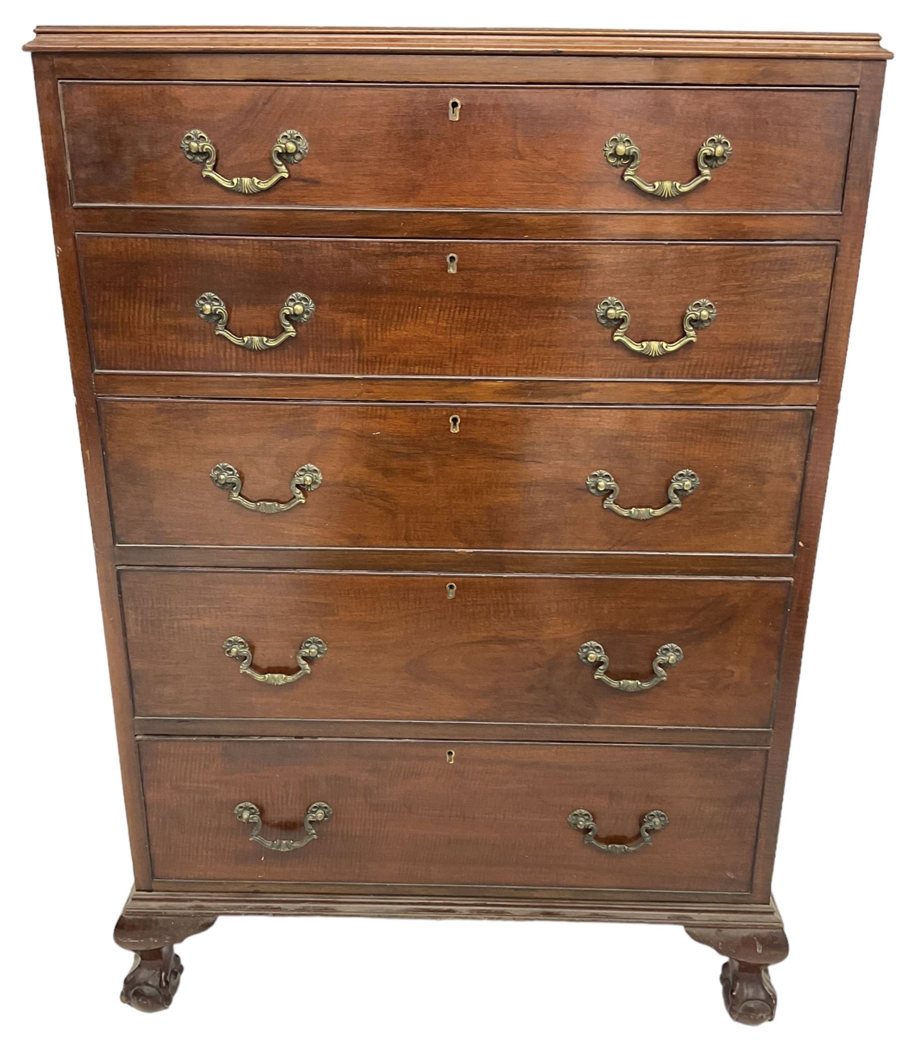 Early 20th century Georgian design chest, fitted with five graduating cock-beaded drawers, lower moulded edge over ogee supports with ball and claw feet