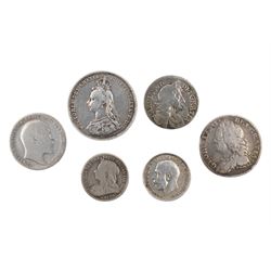 Six silver coins including Charles II, George II, Victoria etc