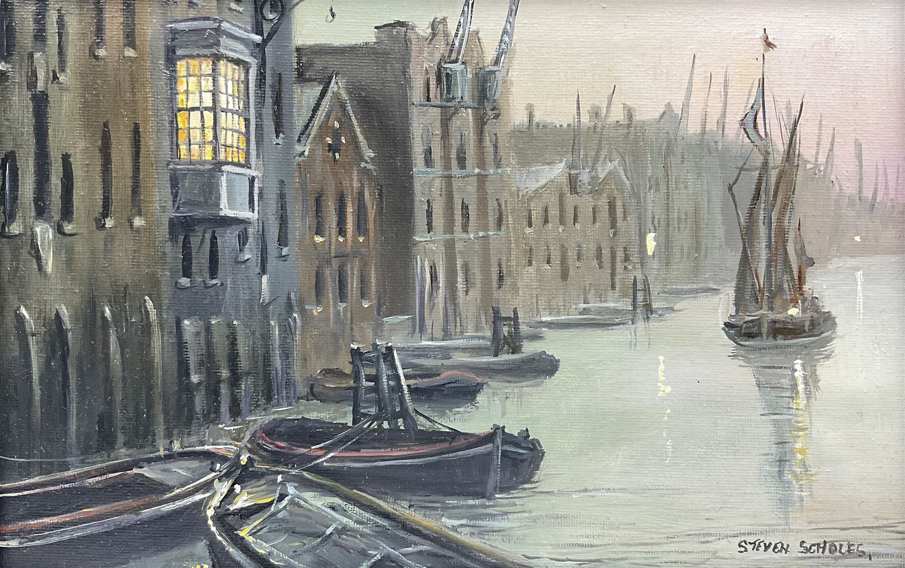 Steven Scholes (Northern British 1952-): 'Rotherhithe - East End of London 1962', oil on canvas signed, titled verso 19cm x 29cm