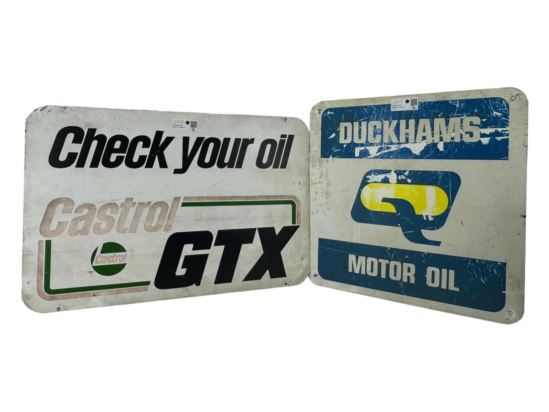 Vintage Shell Petroleum Sprit petrol fuel can, 'Duckhams Motor Oil' vintage metal sign and another for Castrol GTX 'Check Your Oil', W68.5cm (3)