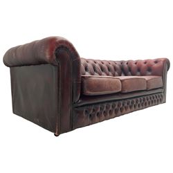 Chesterfield three-seat sofa upholstered in red buttoned leather