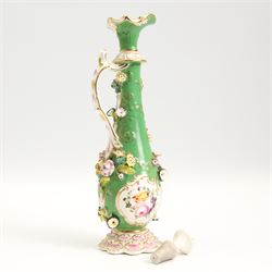 Coalbrookdale style porcelain scent bottle, the baluster form body encrusted with flowers, pair of 19th century twin handled vases, each hand painted with flower sprays, a similar vase H21cm and saucer (5)