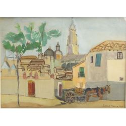 Philip Naviasky (Northern British 1894-1983) and Sonia Naviasky (British 1934-2018): Donkey and Cart in Continental Town, watercolour signed, inscribed verso 28cm x 37cm 