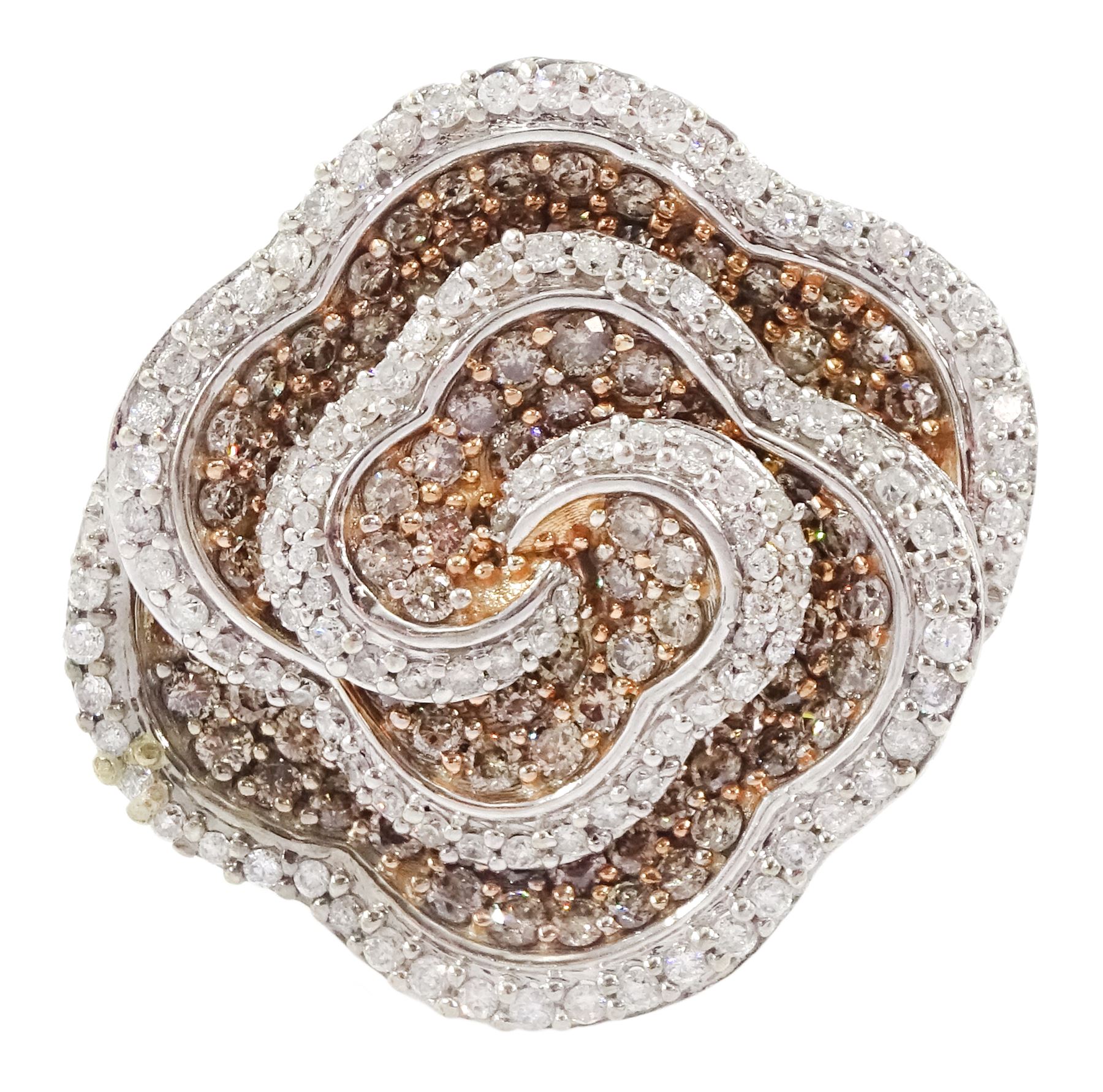 White gold round brilliant cut white and fancy light brown colour diamond rose swirl ring, hallmarked 9ct, total diamond weight approx 1.50 carat