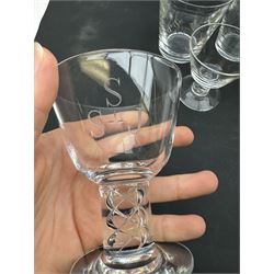 Steuben glassware, comprising set of four air twist cocktail glasses, together with four tumbles and one whisky glass, all engraved SSJ