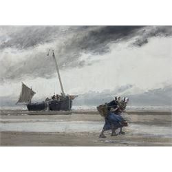 English School (Early 20th Century): Dutch Fisherwomen on a Blustery Beach, watercolour and gouache indistinctly signed 36cm x 49cm 