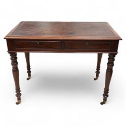 19th century mahogany writing table, rectangular top with moulded edge inset with leather writing surface, fitted with two frieze drawers with moulded facias, raised on turned supports terminating to brass cups and castors