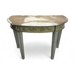 Late 20th century grey painted and Chinoiserie decorated demi-lune console table, moulded variegated marble top, the frieze rails decorated with traditional pagoda scenes in raised gilt work, on square tapering fluted supports 