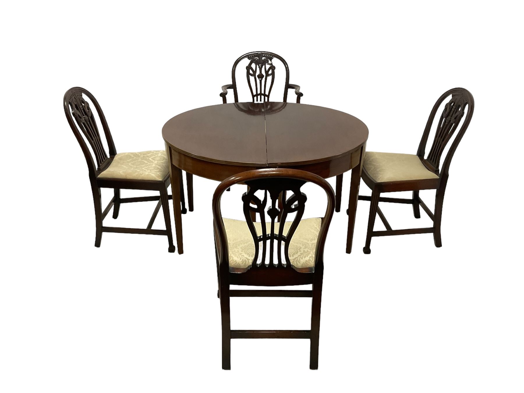 Pair of Georgian design mahogany D-end tables, reeded edge over banded frieze, on square tapering supports; with set of four (3+1) Hepplewhite design mahogany dining chairs, elaborately pierced and carved splat with festoons over dished seat, on fluted supports (W63cm H98cm)