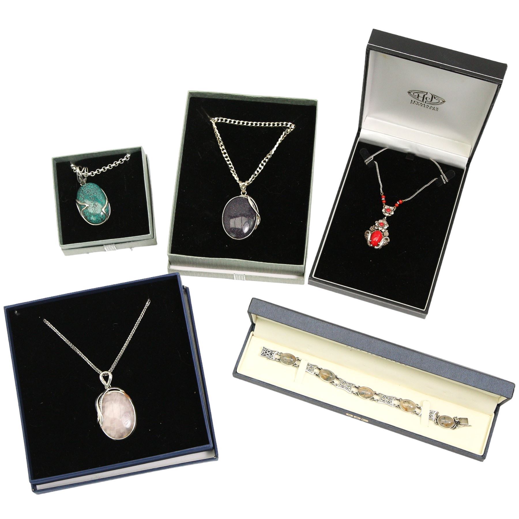 Group of silver jewellery, including a moss agate pendant necklace and ring set, a blue agate silver pendant necklace, an onyx pendant necklace and a citrine bracelet