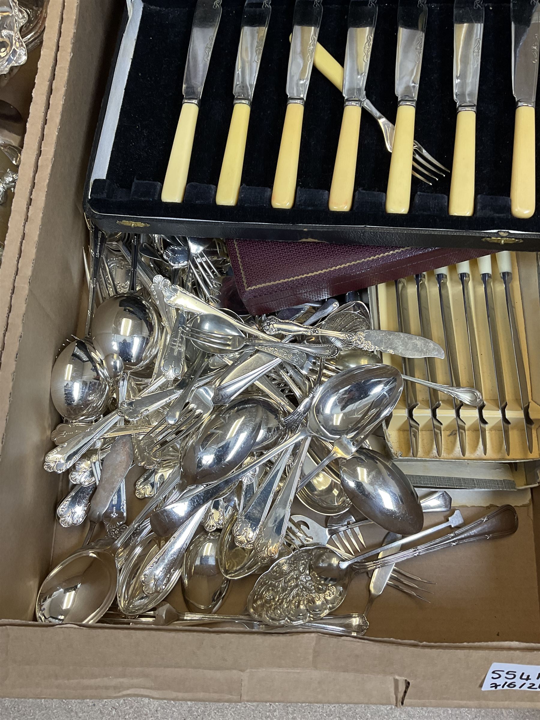 Metalware, mostly silver plate, to include entree dish and cover, bottle coasters, pedestal dishes, large quantity of cased and uncased flatware, small copper twin handled pan, etc., in two boxes