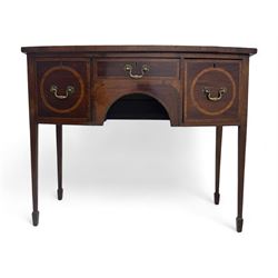 19th century inlaid mahogany bow-front sideboard, satinwood banded top over three drawers,...