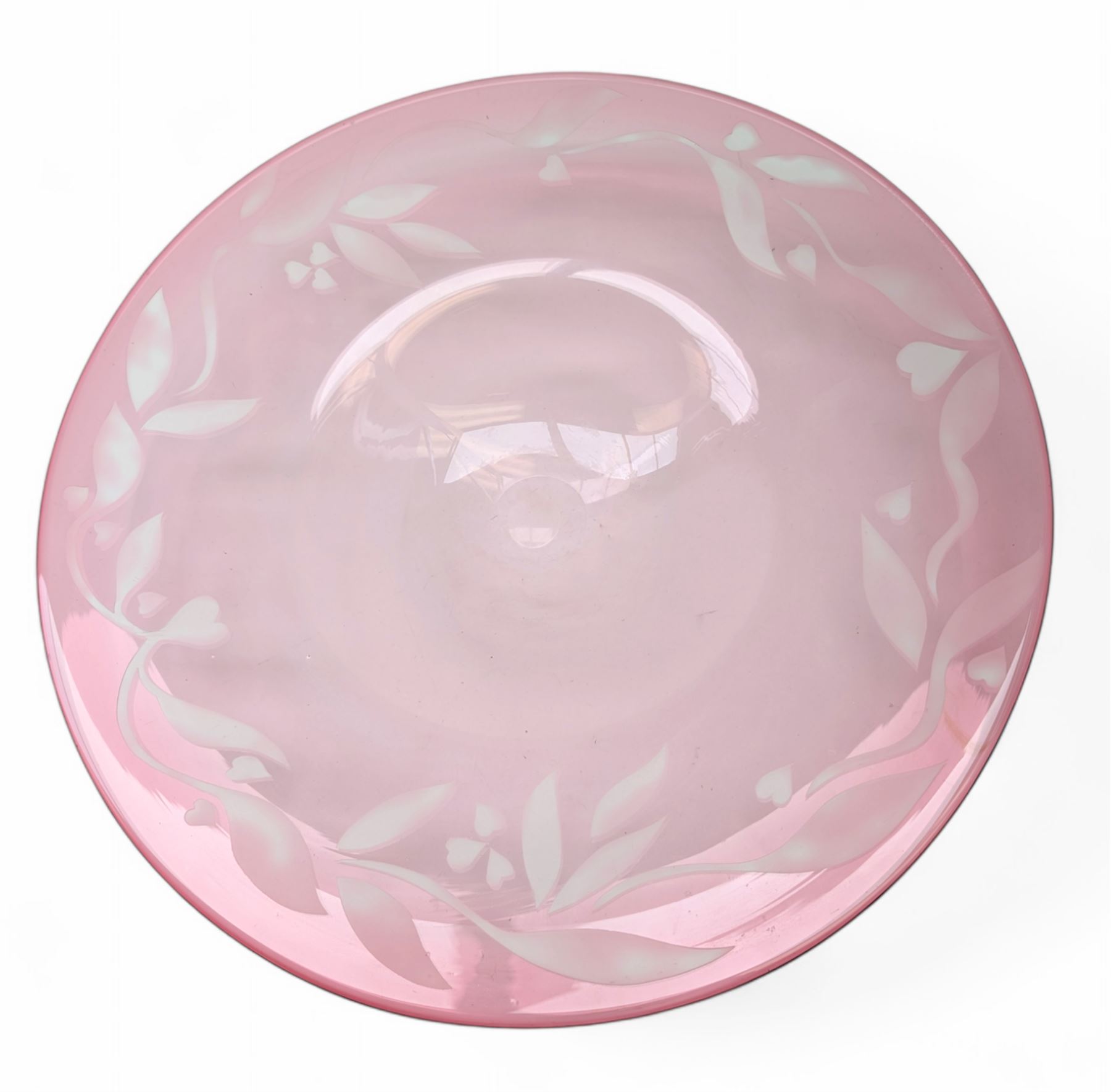 1980s Turnmill Studio glass bowl, pink with etched foliate and heart decoration, with indistinct signature, D44cm