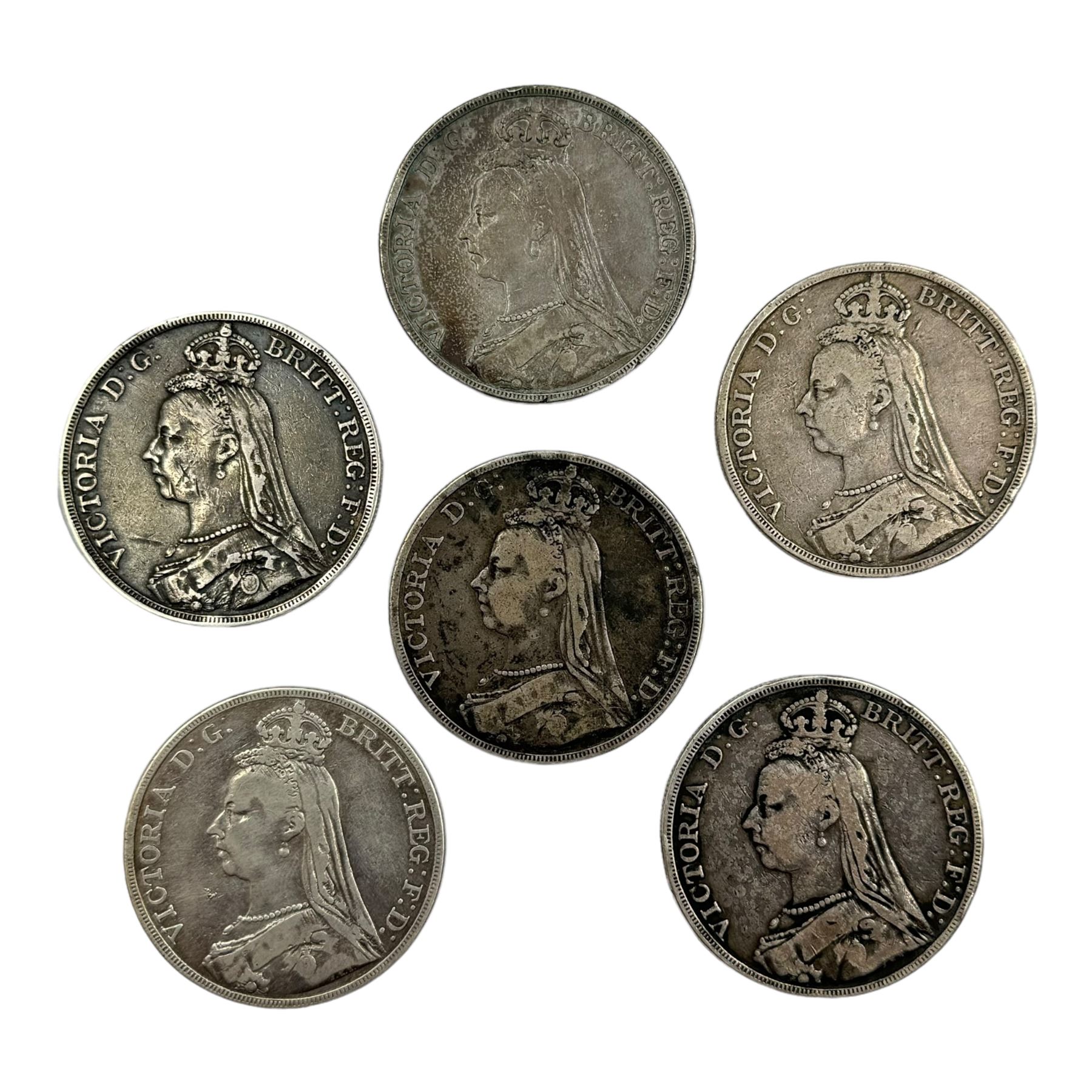 Six Queen Victoria silver crown coins, dated 1889, two 1890, two 1893 and 1892