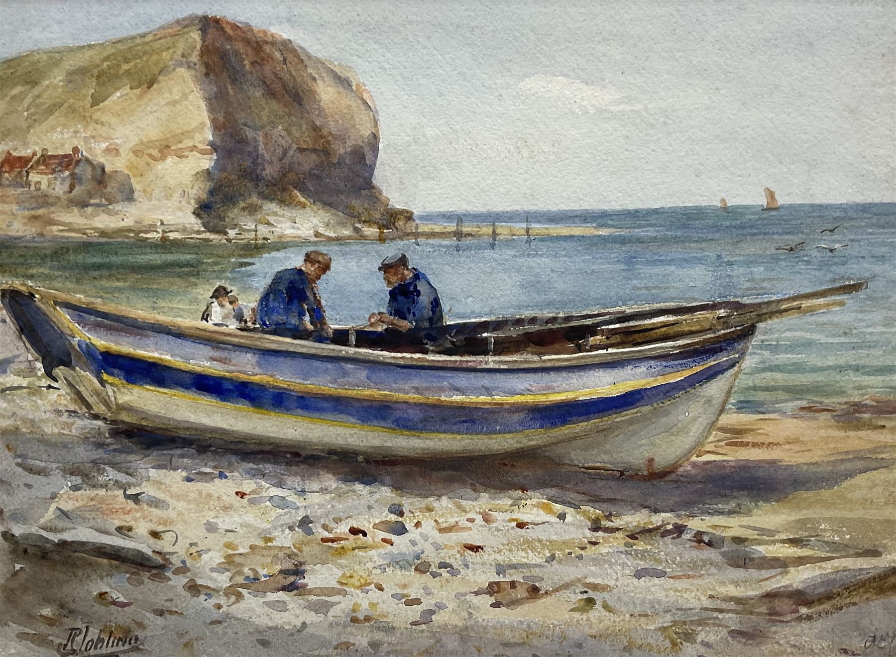 Robert Jobling (Staithes Group 1841-1923): Coble at Staithes, watercolour signed and dated 'Aug 1913', 24cm x 32cm