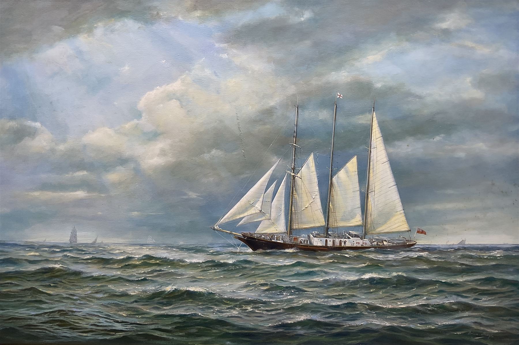 Brian Mays (British 1938-2005): 'Sir Winston Churchill' - Study of a Three Masted Topsail Schooner, oil on canvas signed, titled verso 49.5cm x 75cm 
Provenance: direct from the family of the artist.