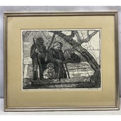 Continental School (20th Century): Mourning Family, limited edition woodblock print indistinctly signed and titled, dated '57 and numbered 7/50 in pencil 32cm x 41cm 