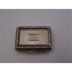 William IV silver vinaigrette, of rectangular form, with engine turned decoration throughout, chased scrolling borders and engraved cartouche to hinged cover, opening to reveal gilt interior with typical pierced cover, hallmarked Charles Reily & George Storer, London 1834, W3.7cm