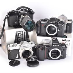 Collection of Nikon cameras, to include N65 serial no. 3103095, boxed, AF F-601 serial no. 2049522, boxed, F-801s serial no. 3330641, F-301 serial no. 3349050 and two Nikkormat cameras, to inlcude an EL example serial no. 5236494, with a nikkor Zoom 43-86mm 1:35 lens serial no. 913104, boxed and one other