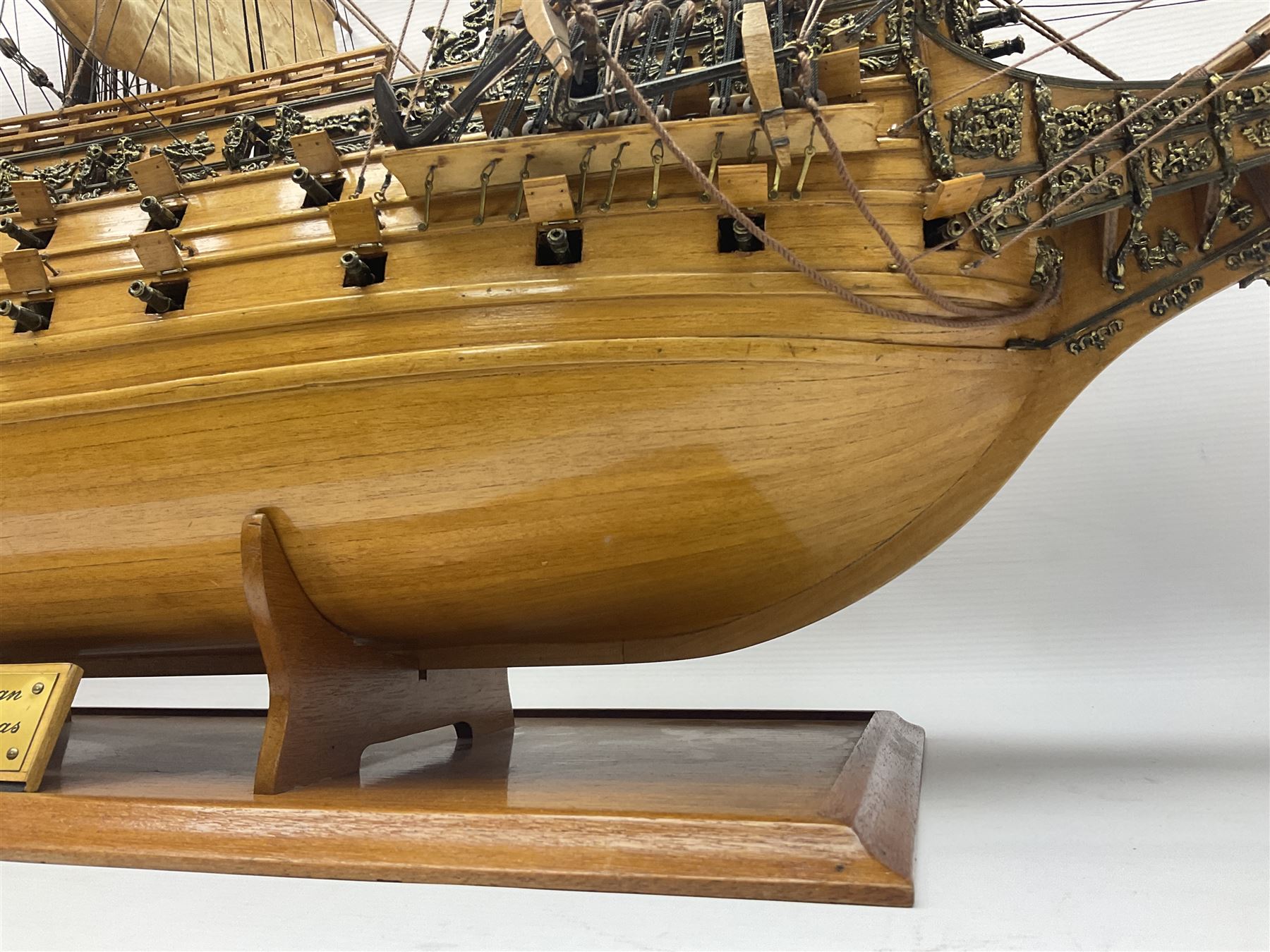 Large kit built scale model of 17th century Royal Navy warship 'HMS Sovereign of the Seas', upon wooden stand with engraved name plaque, H91cm, W111cm