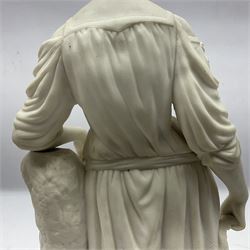 Parian figure modelled as a female in classical dress leaning upon a tree stump, H36cm