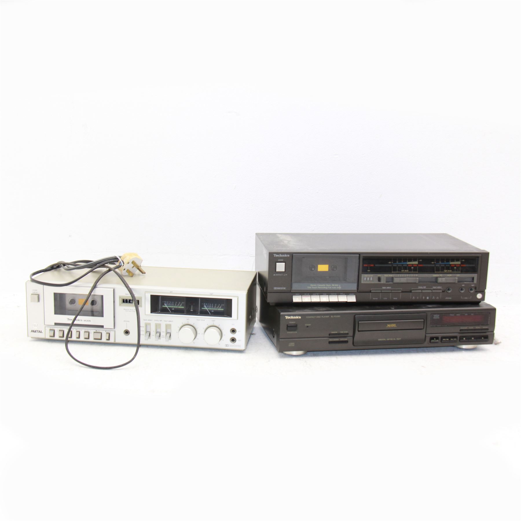 Three Technics Hi-Fi separates, to include M205 cassette player, CD Player SL-PG390 and Stereo Cassette Deck RS-B13