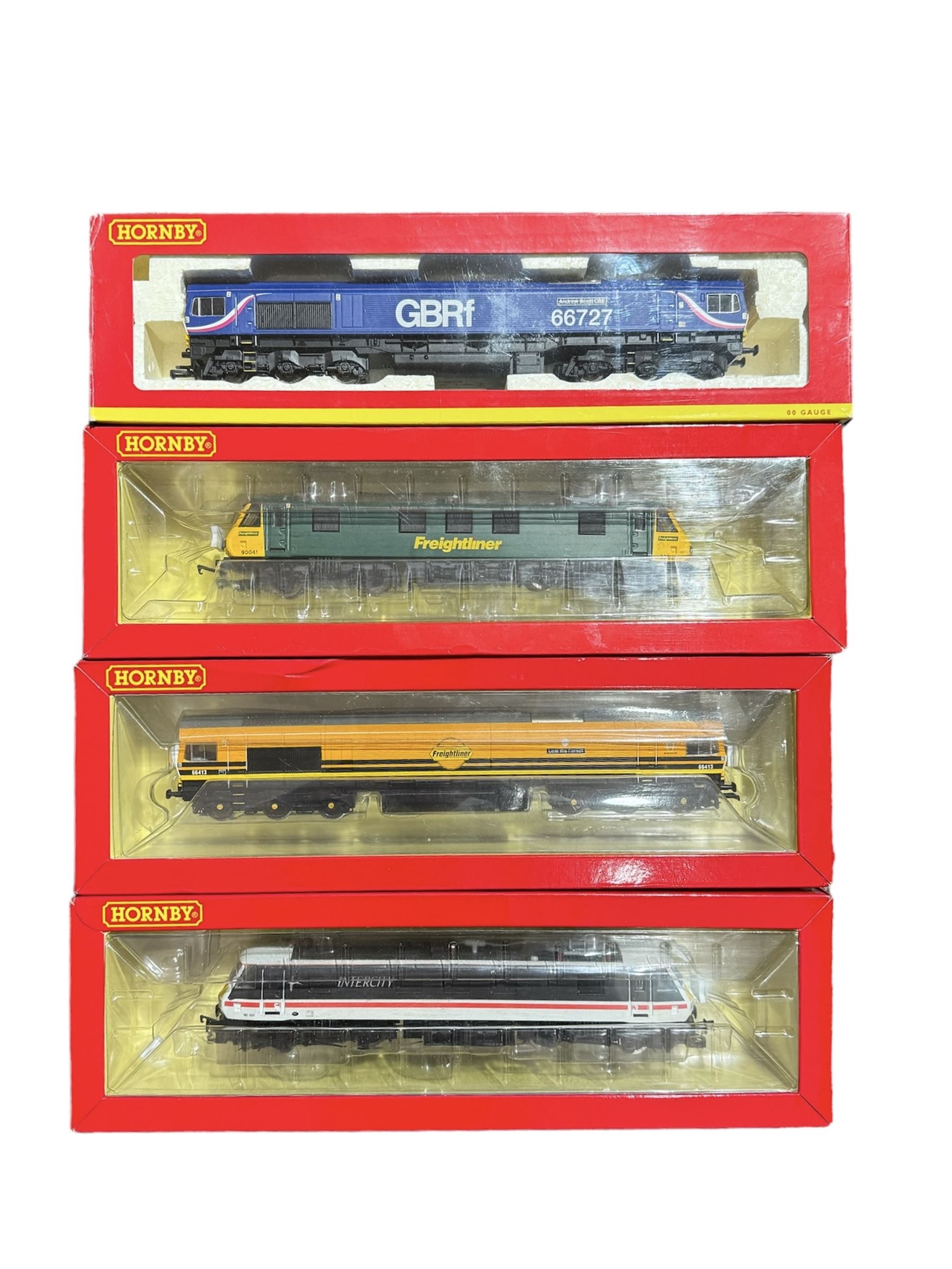 Four Hornby '00' gauge diesel locomotives, and R3786 Class 66 Co-Co Lest We Forget no. 66413, Class 90 Bo-Bo Intercity no. 90001,  R2482 Class 90 Freightliner no. 90041 and R3881 Class 66 Co-Co GBRf Andrew Scott CBE no. 66727, boxed