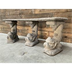 Cast stone four piece curved Dolphin bench, set with three dolphin pillars, curved rectang...