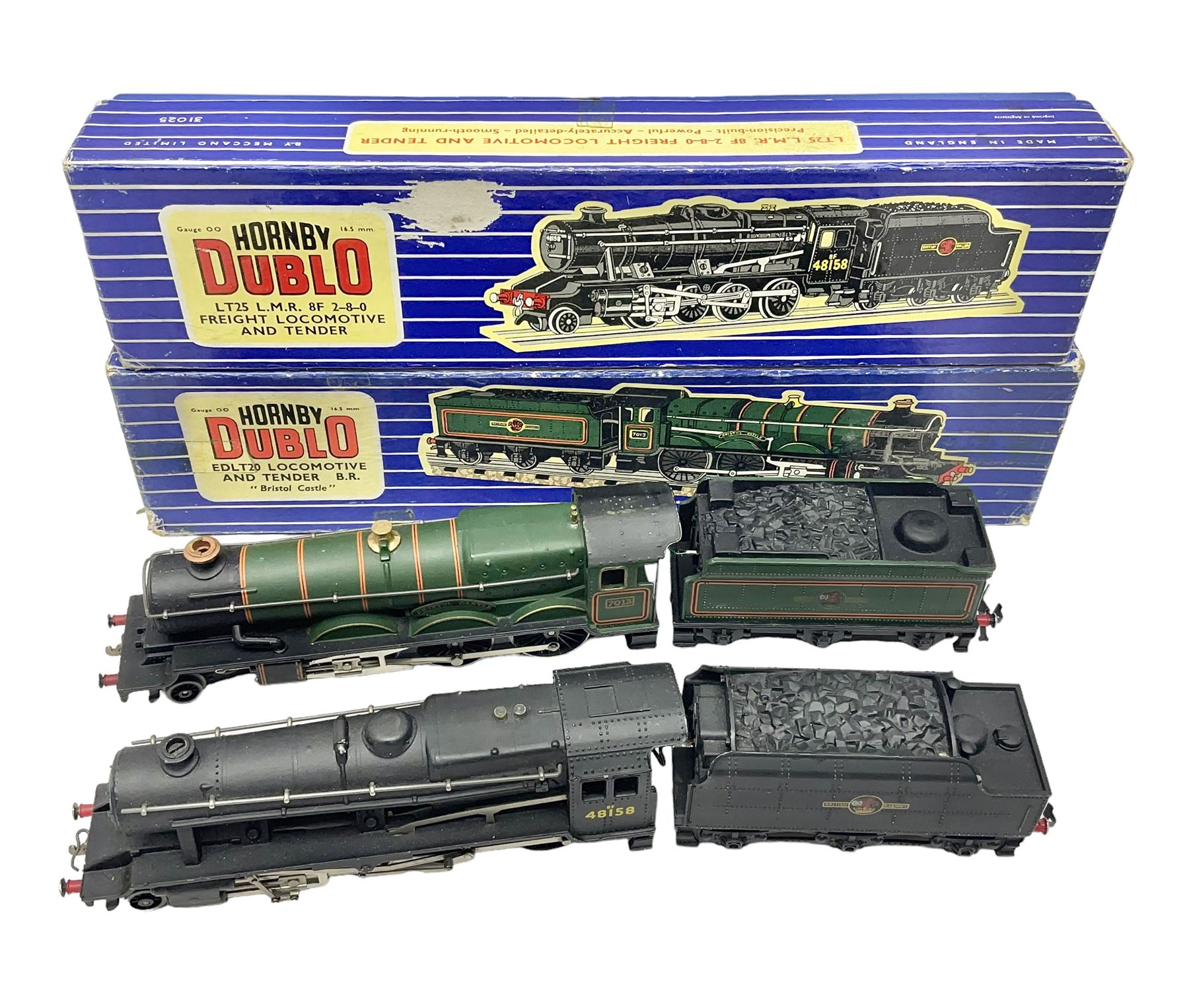 Hornby Dublo - 3-rail - Class 8F 2-8-0 freight locomotive No.48158 in unlined BR black; and Castle Class 4-6-0 locomotive 'Bristol Castle' No.7013 in lined BR green; each in original blue striped box (2)