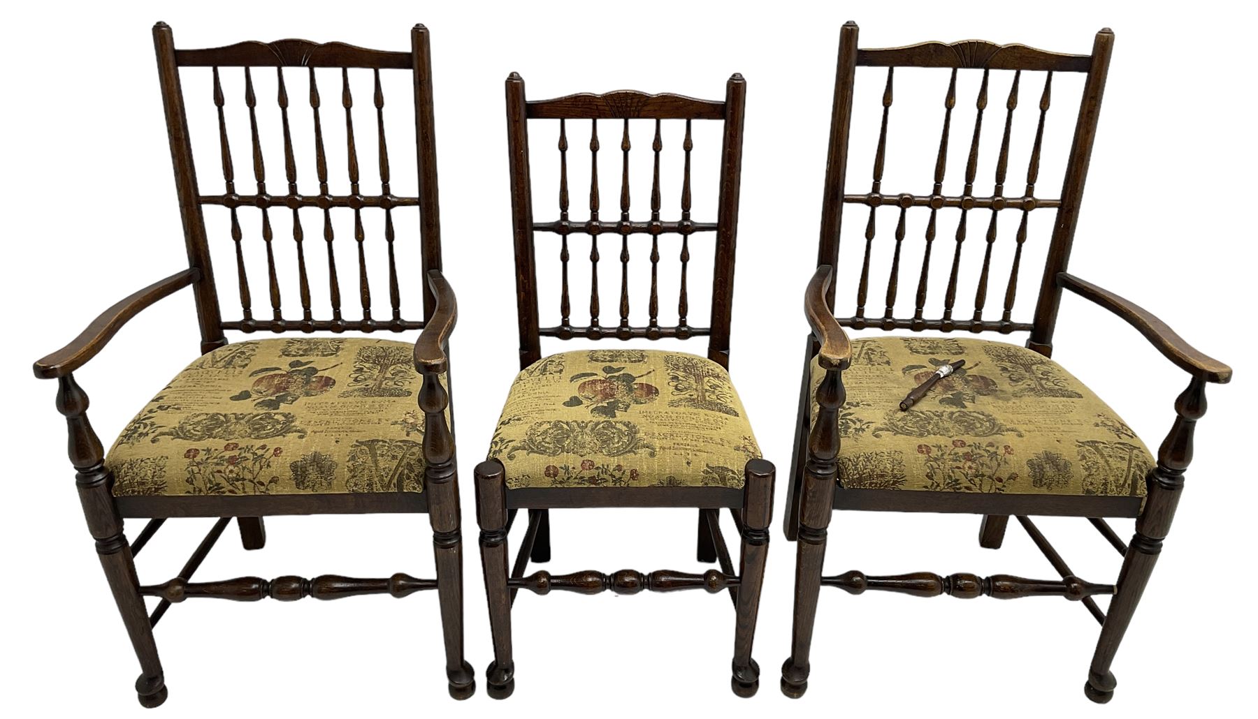 Set of six (4+2) 20th century oak spindle back dining chairs, with upholstered drop-on seat cushions, turned supports joined by turned stretchers