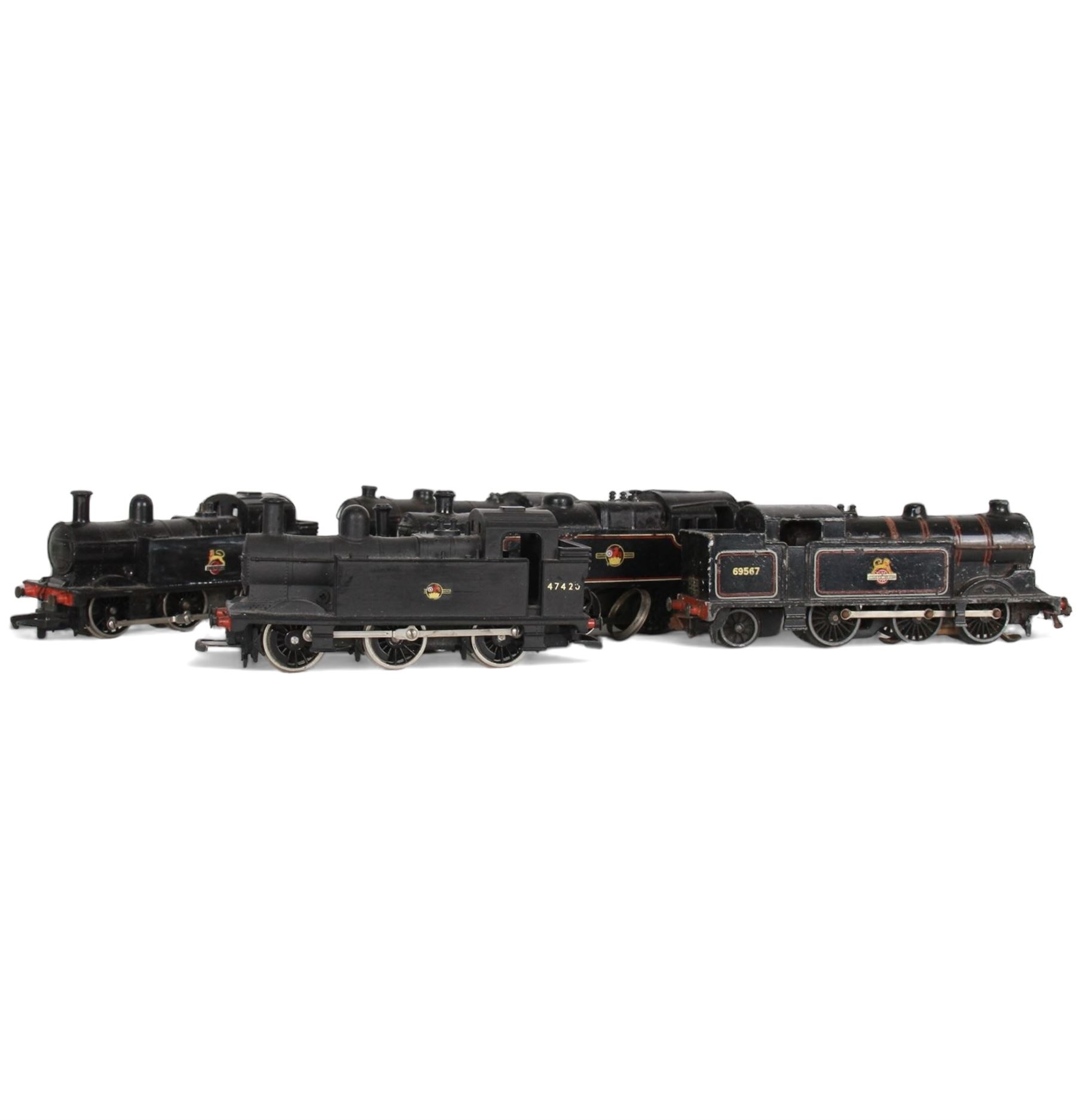 Seven Hornby '00' gauge locomotives, comprising J72 Class 0-6-0 no. 68743, Standard Class 3 Tank 2-6-2T no. 82001, Class N2 0-6-2 no. 69567, Fowler Class 3F 0-6-0T no. 47606, J72 Class 0-6-0T no. 68745, J39 Class 0-6-0 no. 64907 and Fowler Class 3F 0-6-0T no. 47420, in black livery, unboxed