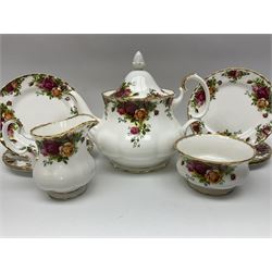 Royal Albert Old Country Roses pattern tea set for six, comprising teapot, milk jug, open sucrier, dessert plates, cups and saucers (21)